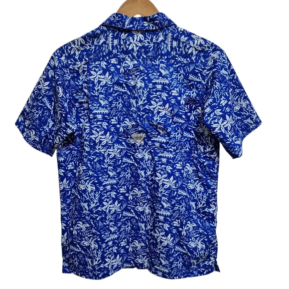 Columbia PFG Shirt Boys Youth XL Blue White Floral Hawaiian Short Sleeve Button - Picture 2 of 15